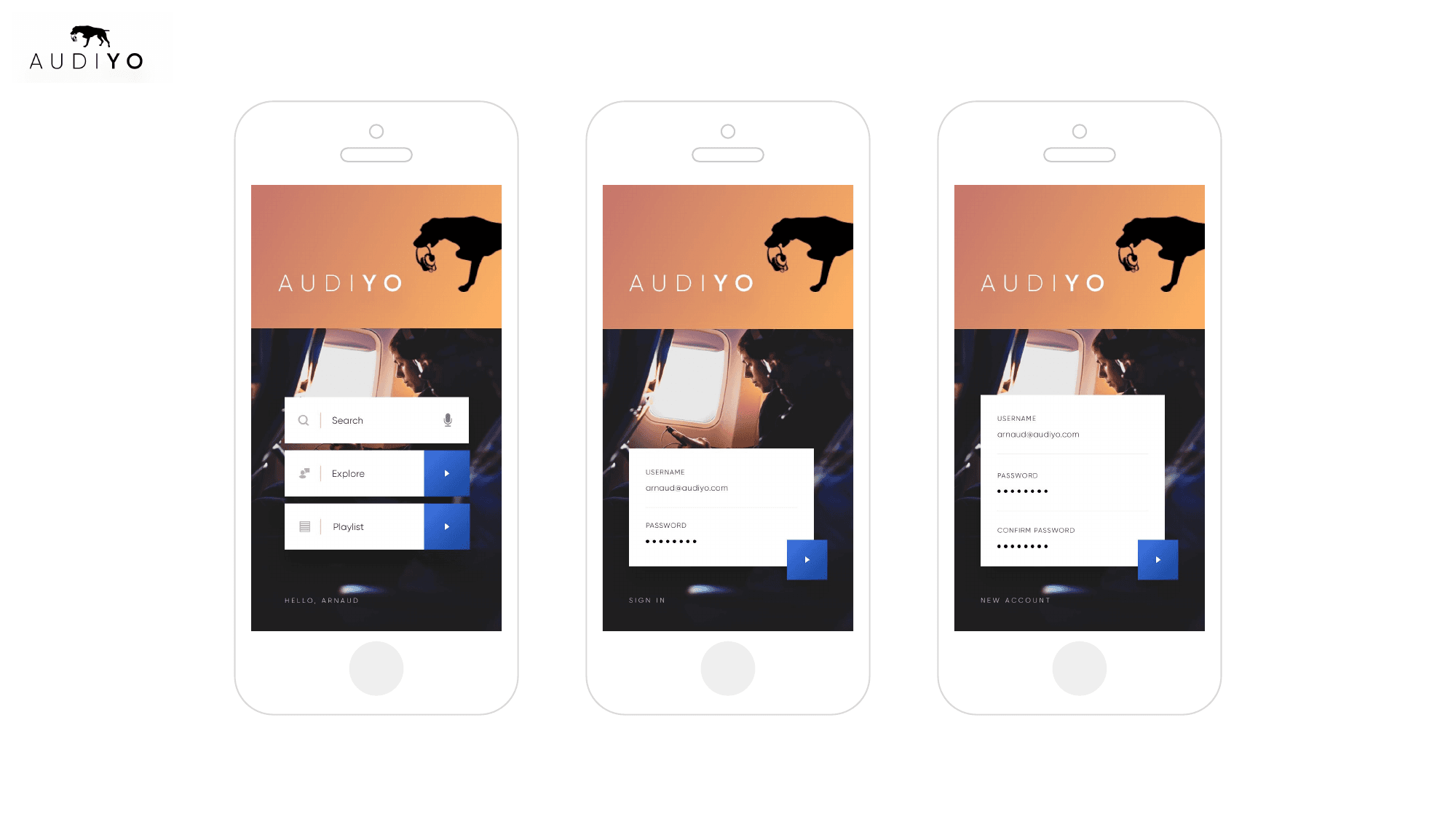 AUDIYO onboarding, sign in, and home screens