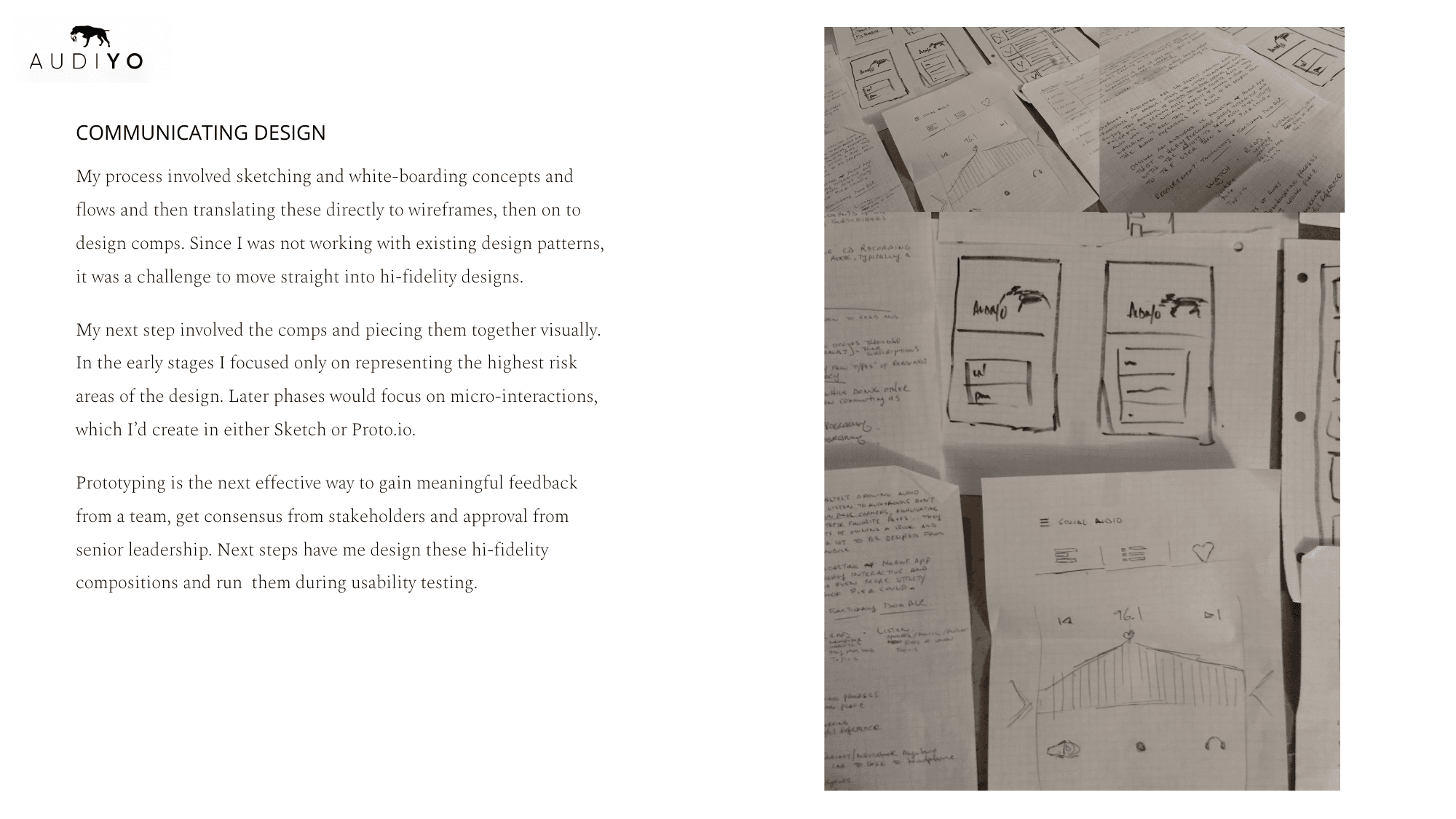 AUDIYO design sketches and whiteboard notes