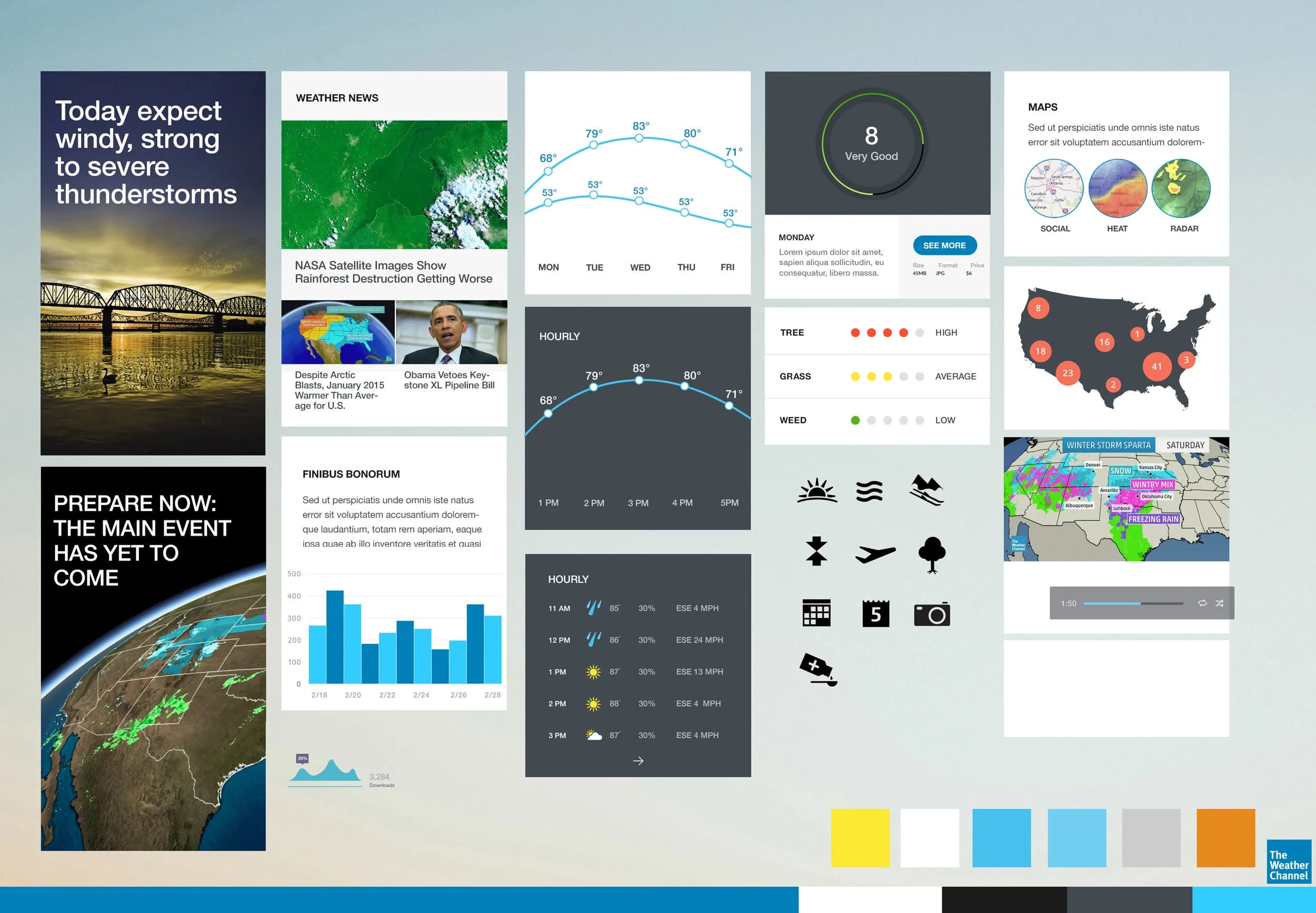 Mood board with weather news cards, radar maps, hourly forecast charts, air quality dashboard, and color palette swatches