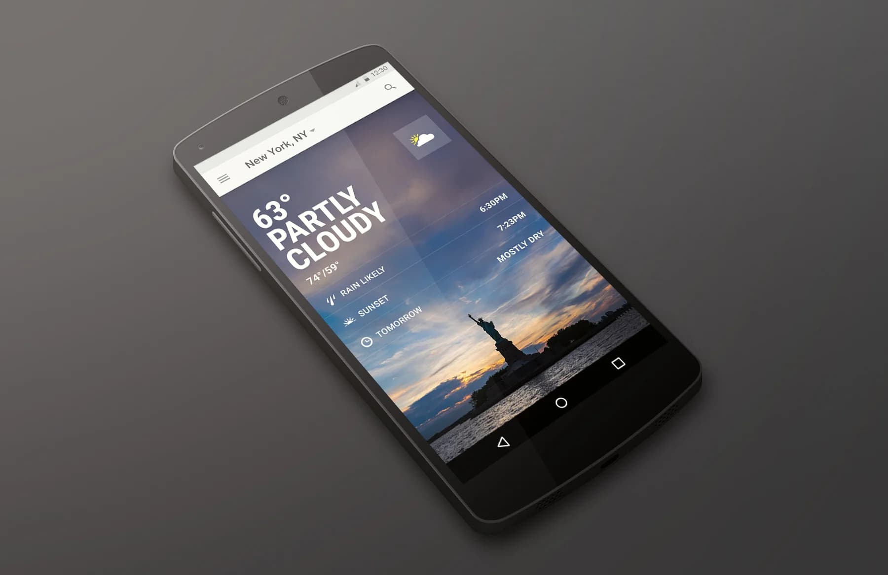 Android build of the Weather Channel app on a Nexus device, showing partly cloudy conditions for New York with a photo of the Statue of Liberty