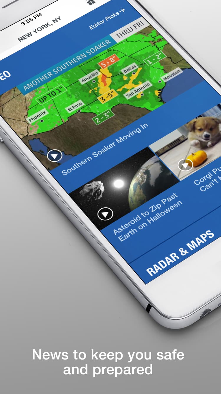 App Store marketing screenshot showing weather news and radar map, 'News to keep you safe and prepared'