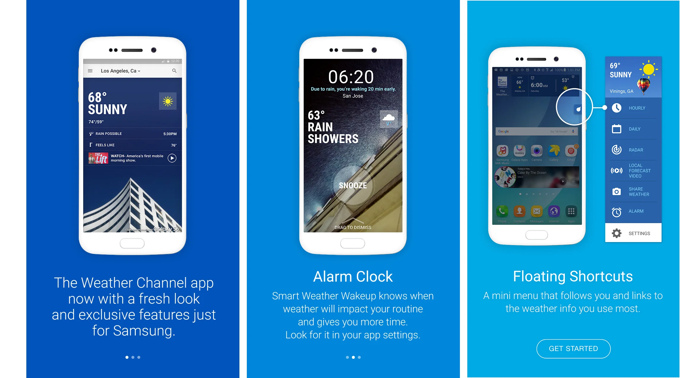 Onboarding flow for the Samsung co-branded release, introducing the refreshed look, smart alarm clock, and floating shortcuts features