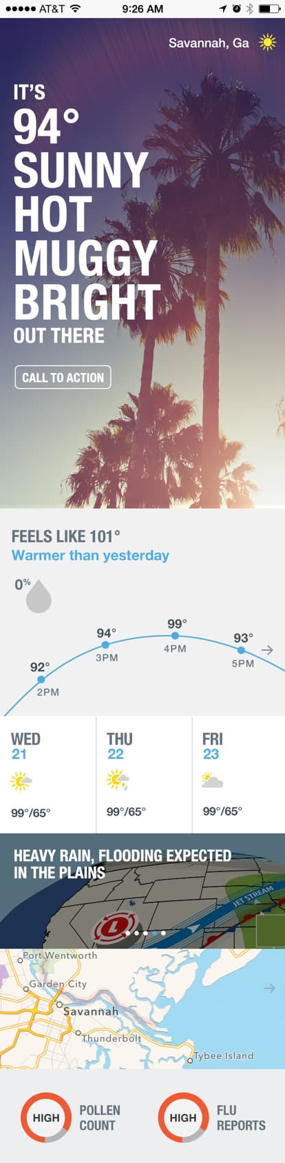 Weather narrative language mood study: 'It's 94 Sunny Hot Muggy Bright Out There' with forecast and pollen/flu report modules