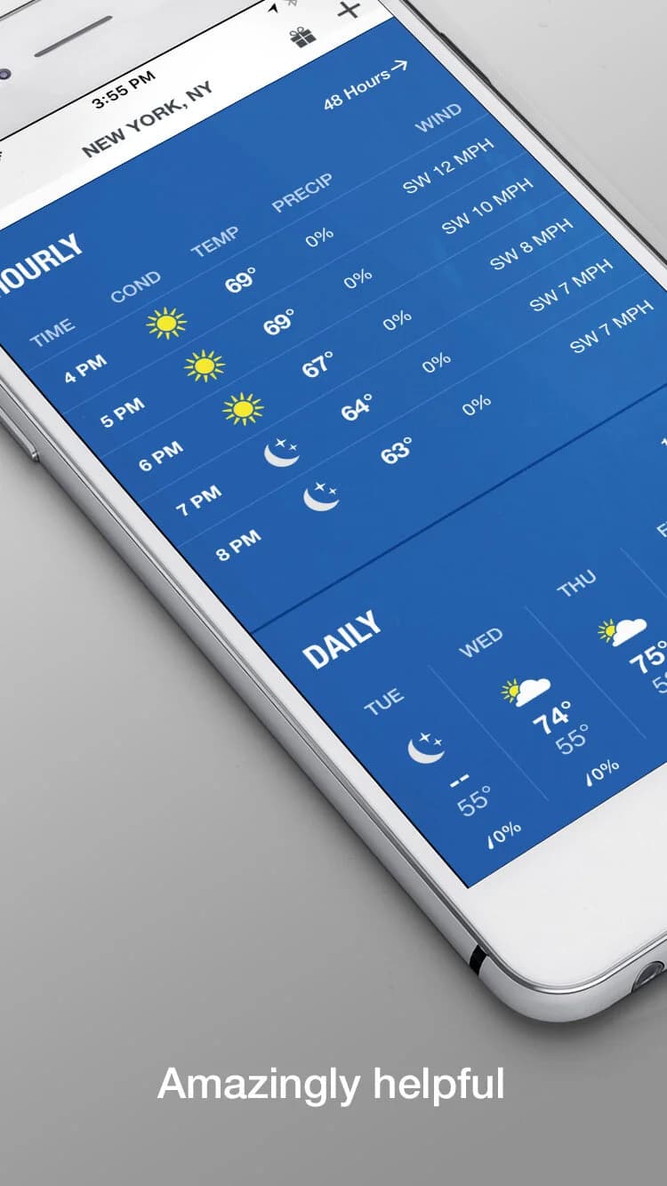 App Store marketing screenshot showing hourly and daily forecast for New York, 'Amazingly helpful'