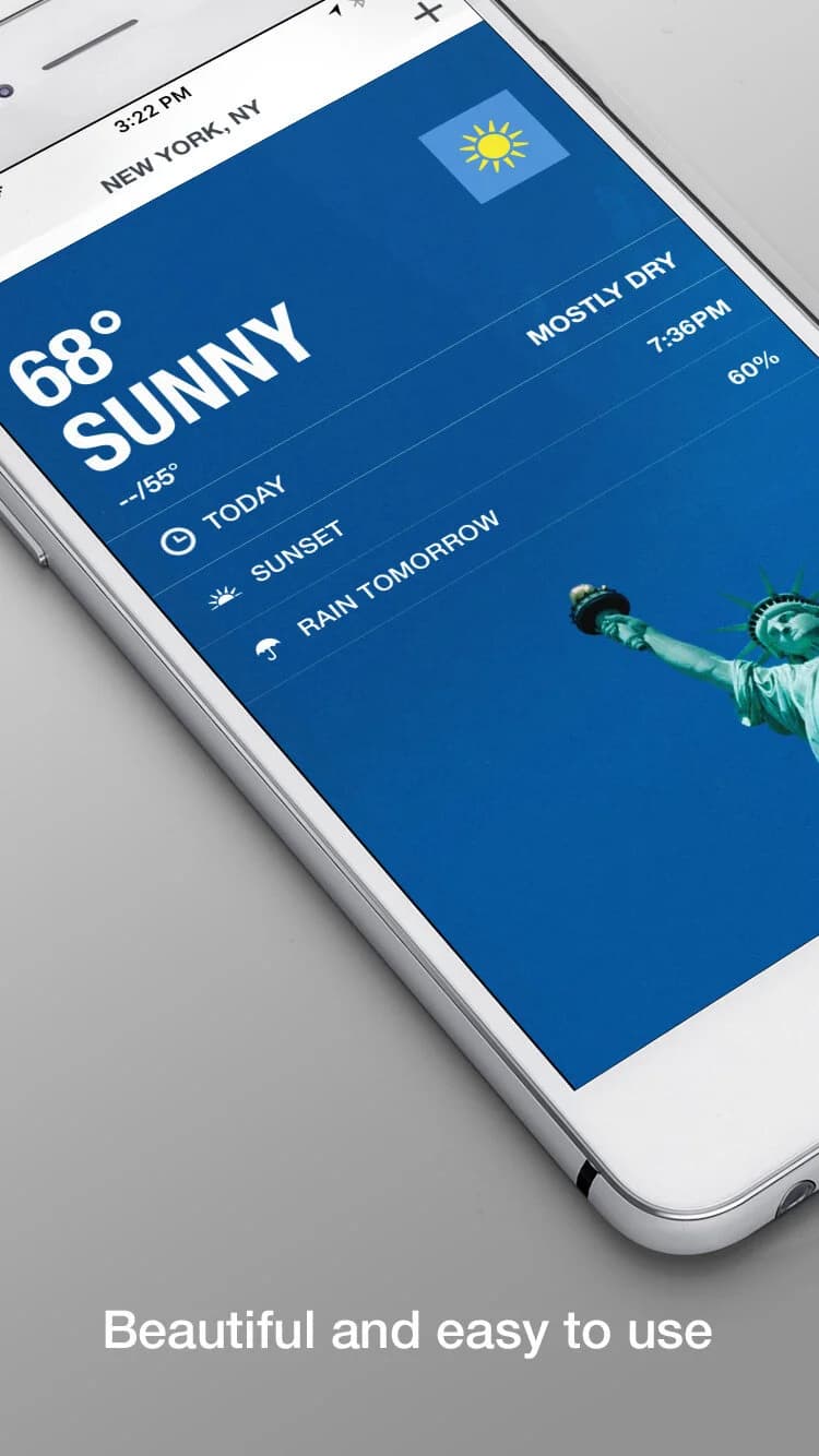 App Store marketing screenshot showing current conditions with Statue of Liberty photo background, 'Beautiful and easy to use'