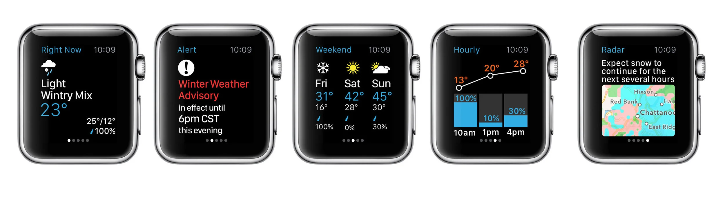 Apple Watch app screens showing current conditions, severe weather alert, weekend outlook, hourly forecast, and radar