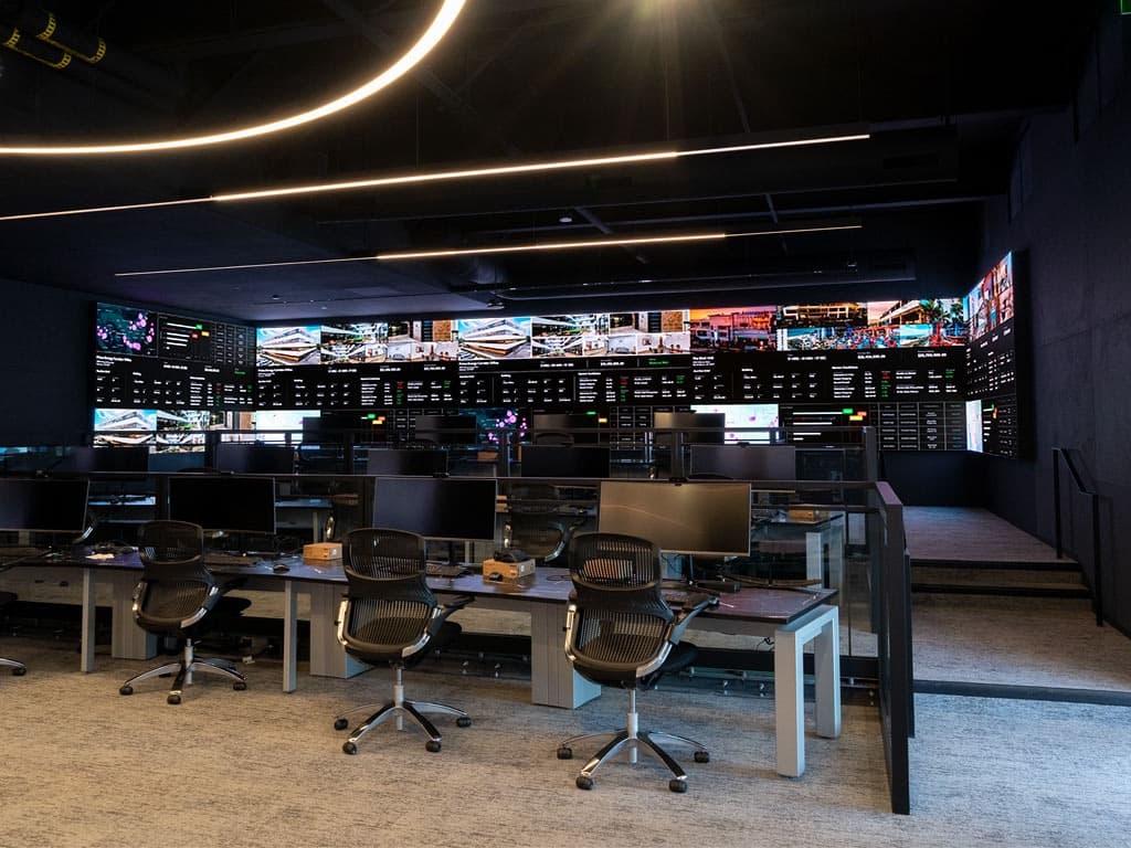 Ten-X auction floor wide view, full command-and-control environment with wraparound LED walls
