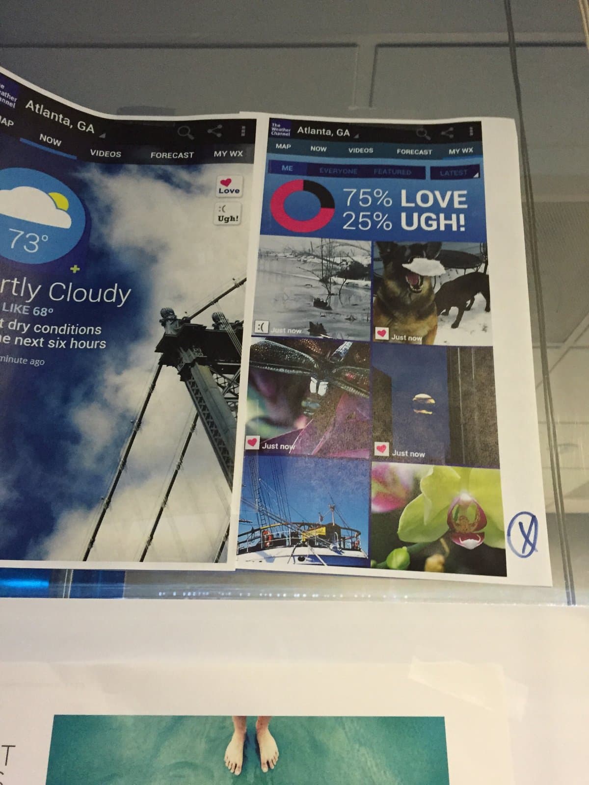 Weather Channel design critique. Love/Ugh voting on printed app design, 75% Love 25% Ugh