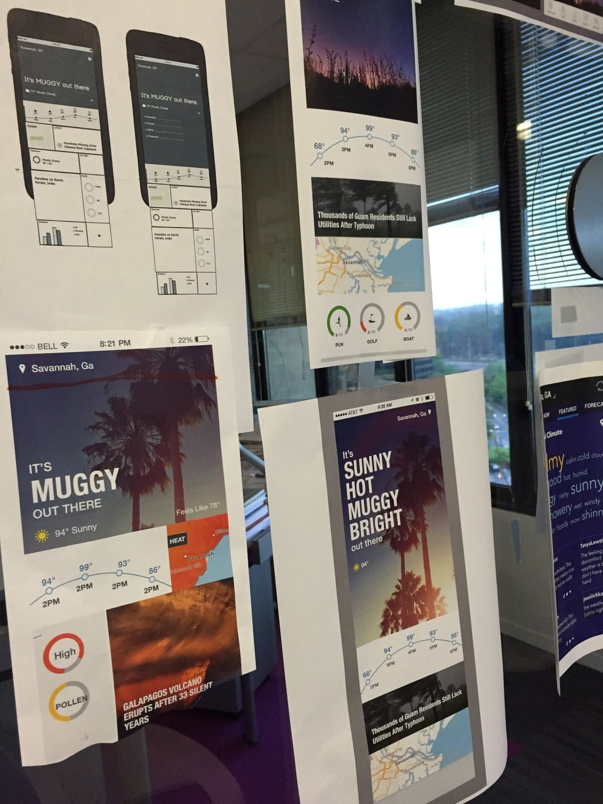 Weather Channel design sprint, printed weather app screens showing Muggy and Sunny Hot Muggy Bright states