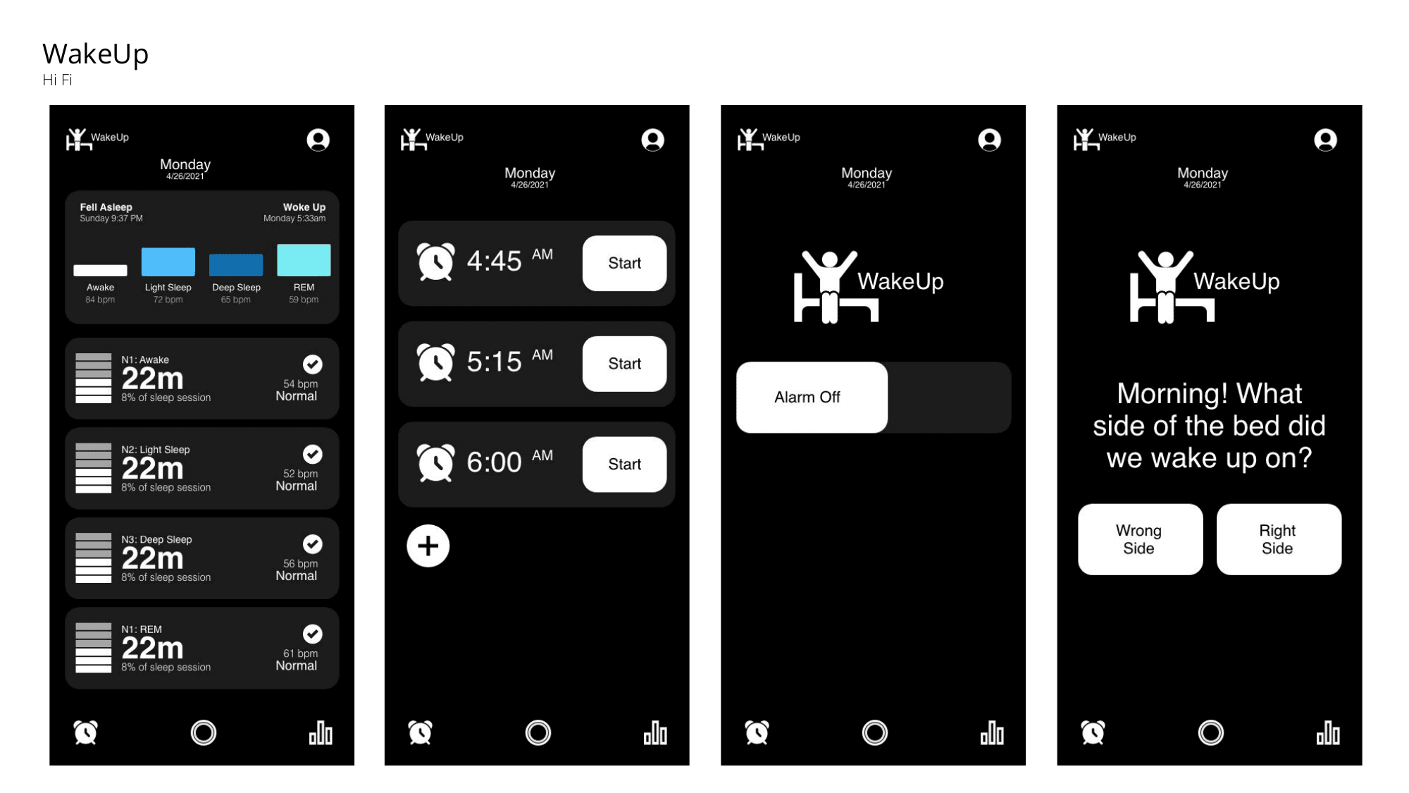 WakeUp hi-fi iPhone: alarm dismiss screen and morning mood check-in