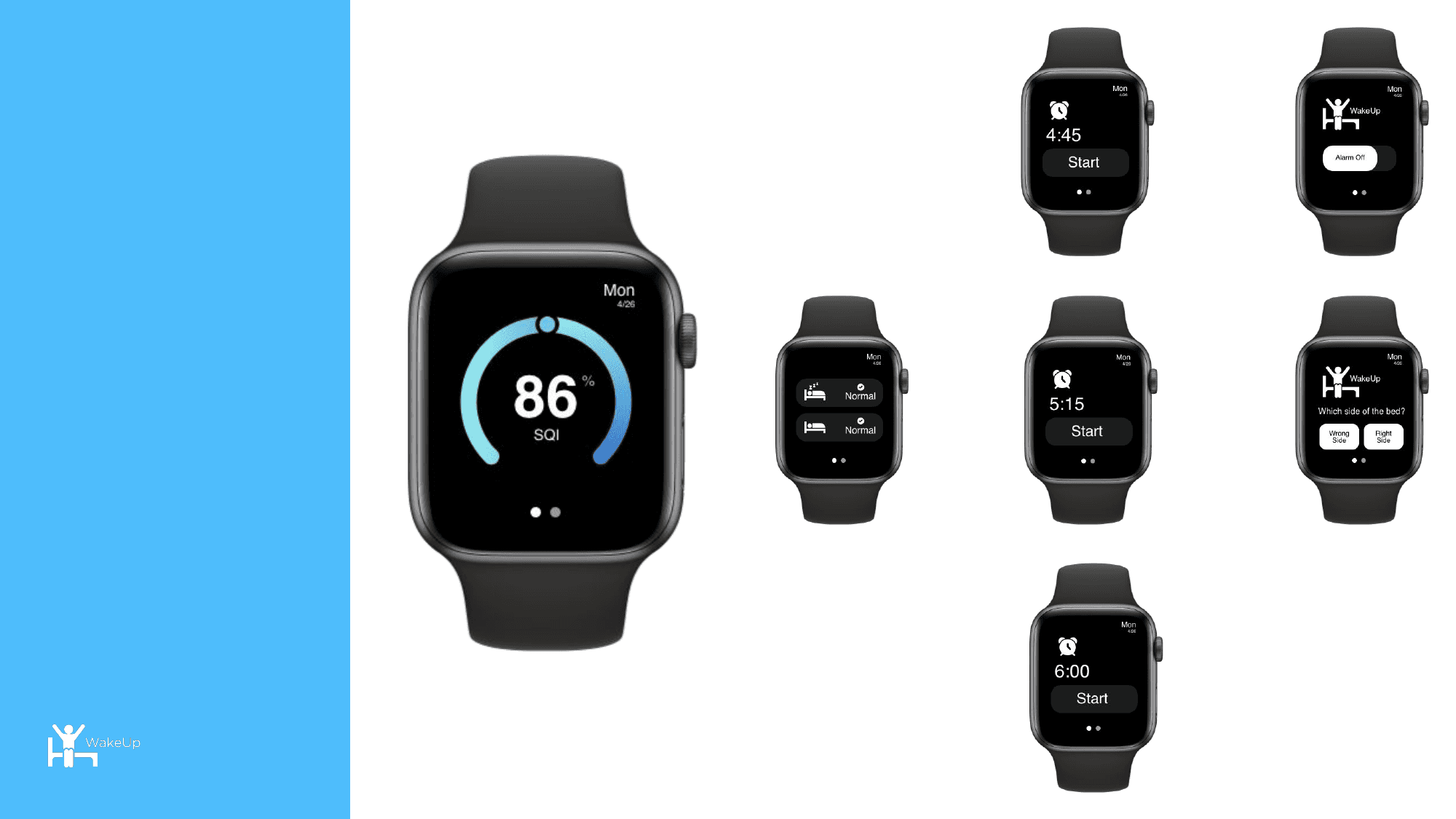 WakeUp hi-fi Apple Watch screens: sleep tracking and morning summary
