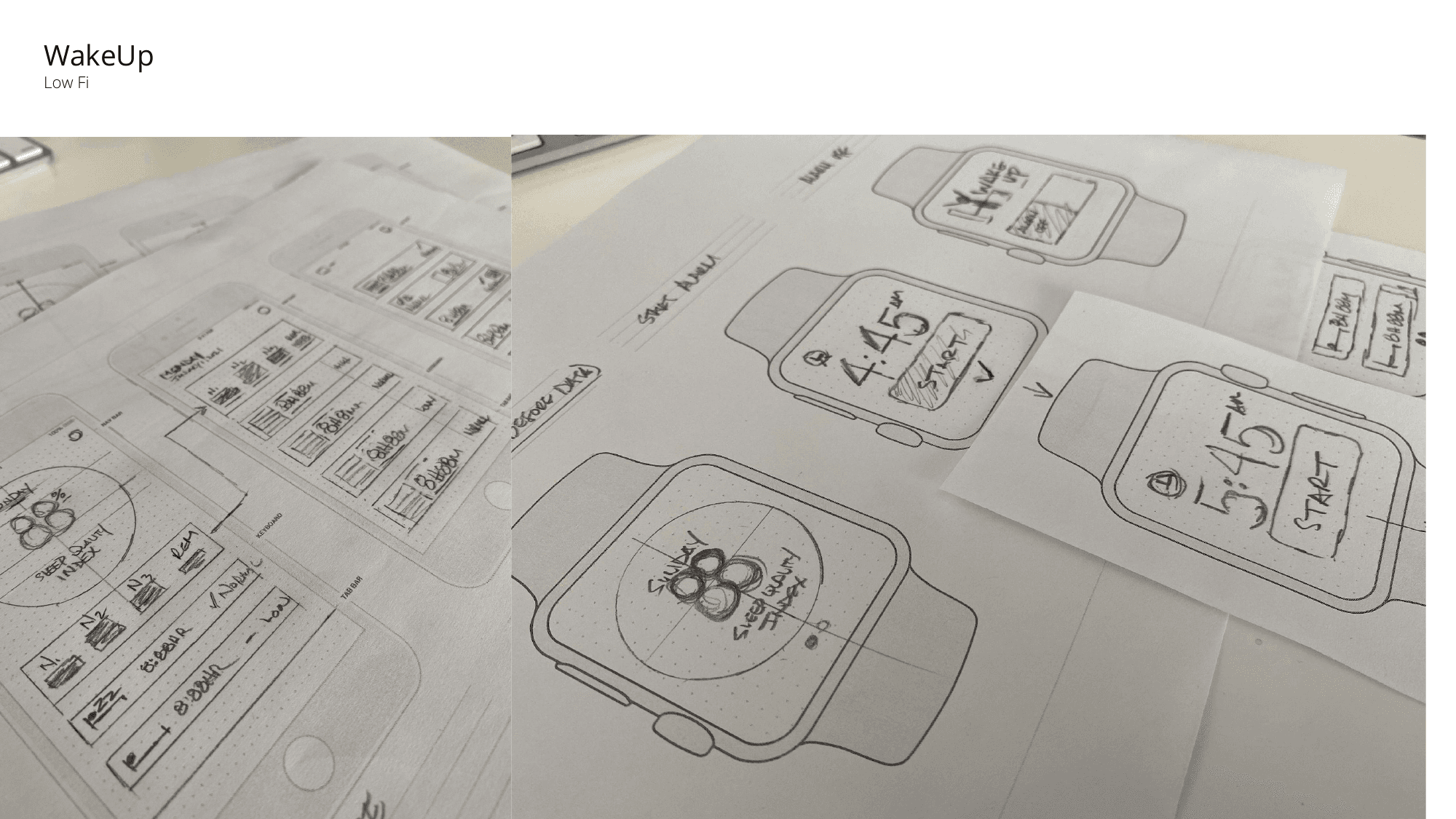WakeUp low-fi paper sketches for iPhone and Apple Watch