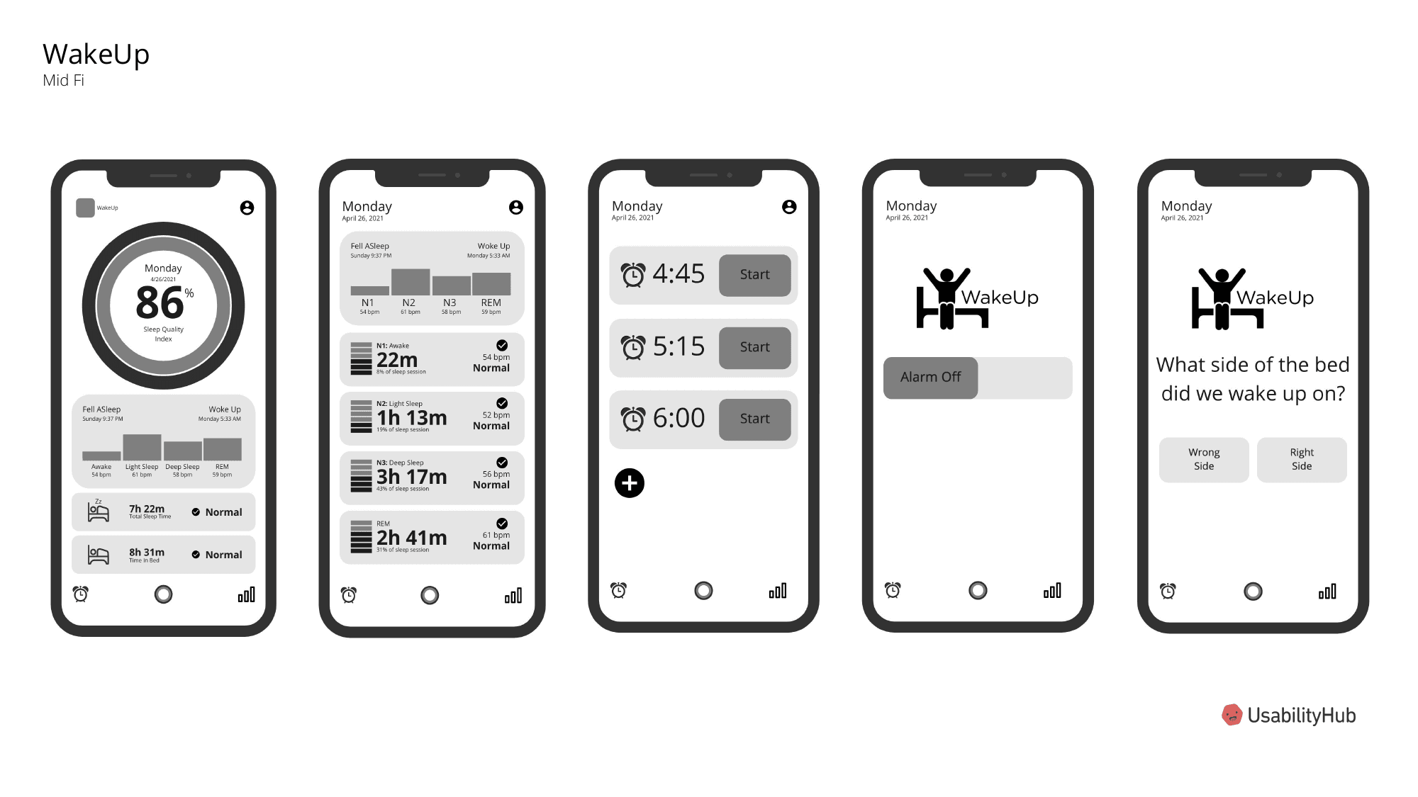 WakeUp mid-fidelity iPhone wireframes