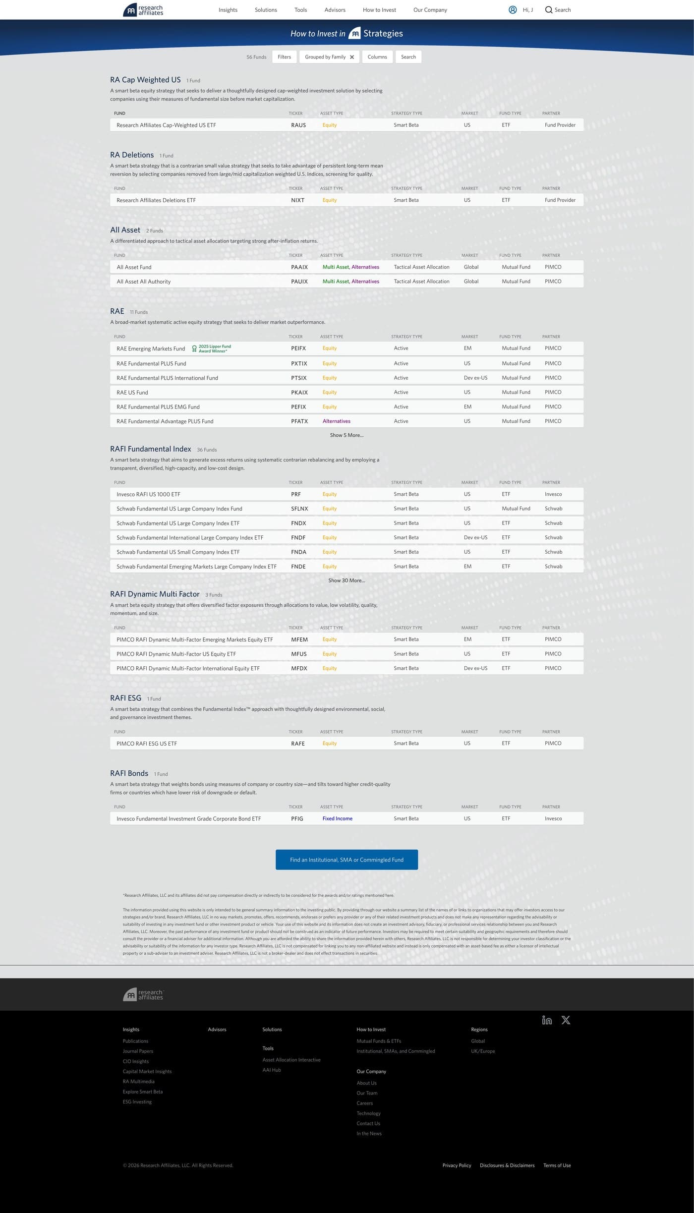 Research Affiliates How to Invest page: 56 funds organized by strategy family with ticker, asset type, and partner columns