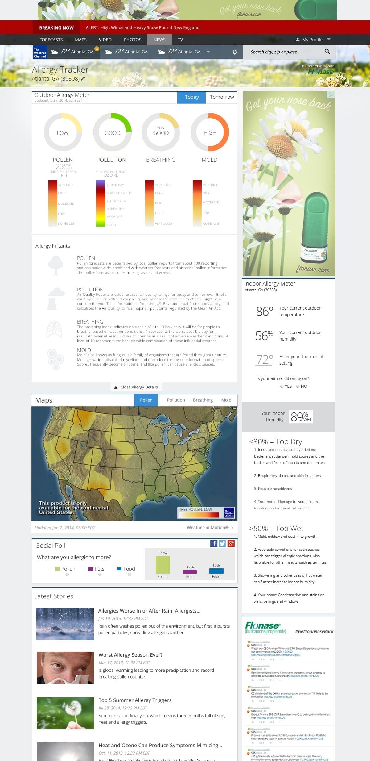 Allergy Tracker, weather.com branded content page with outdoor allergy meter, pollen map, and Flonase integration