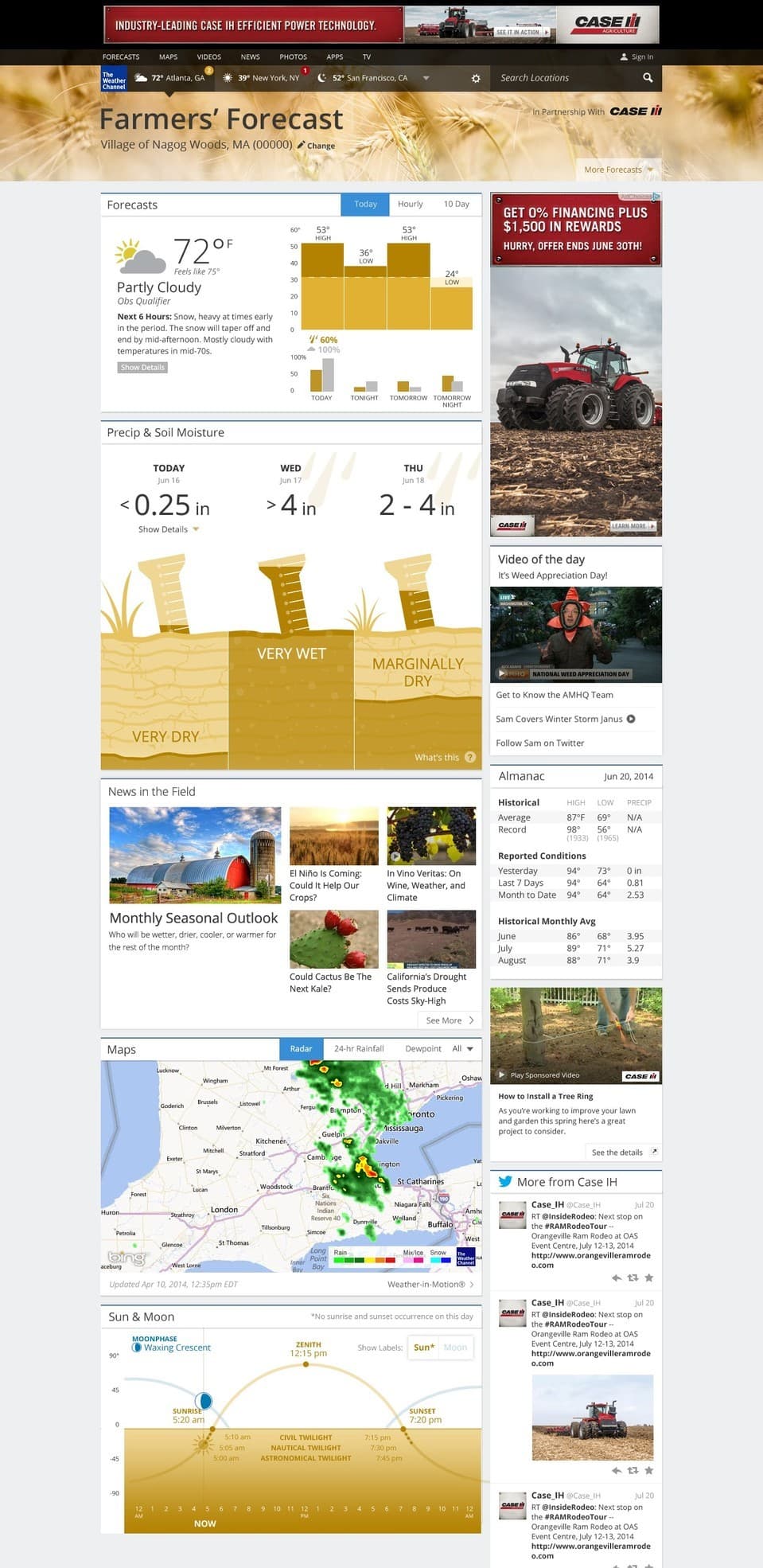 Farmers' Forecast. Case IH branded content page with soil moisture, radar, and almanac