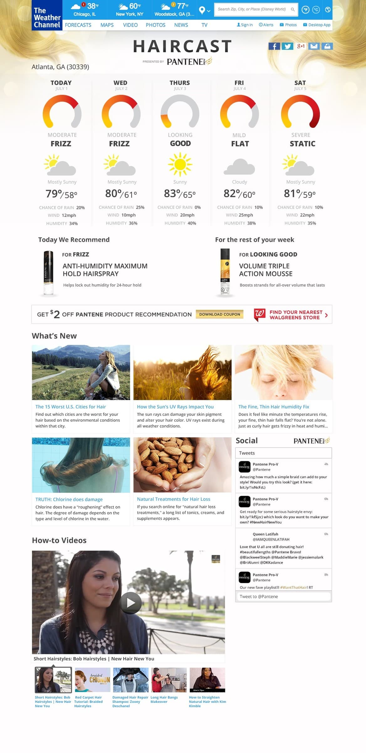 HairCast by Pantene, live weather.com branded content page with frizz forecast gauges