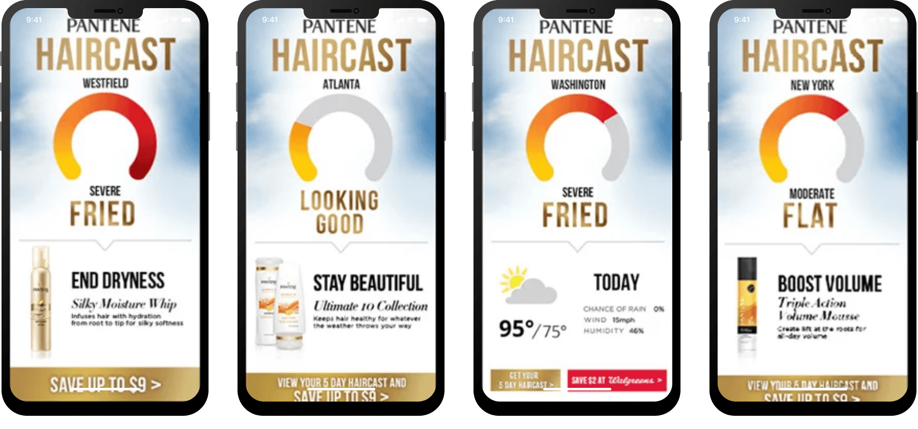 Pantene HairCast mobile experience across four cities, showing live frizz forecast gauges and product recommendations powered by local weather data